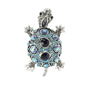 Crystal Turtle Brooch With Blue Iridescent Rhinestones Gold-Tone